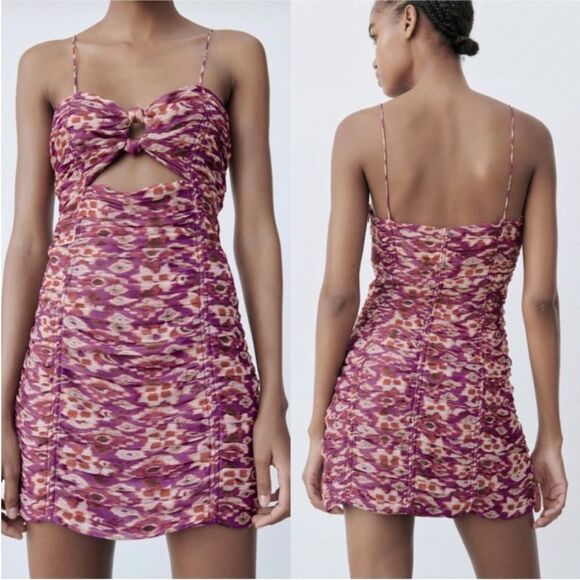 NWT Zara purple gold & red ruched Draped Front Cut-Out Mini Dress BLOGGER FAVE - Picture 1 of 16